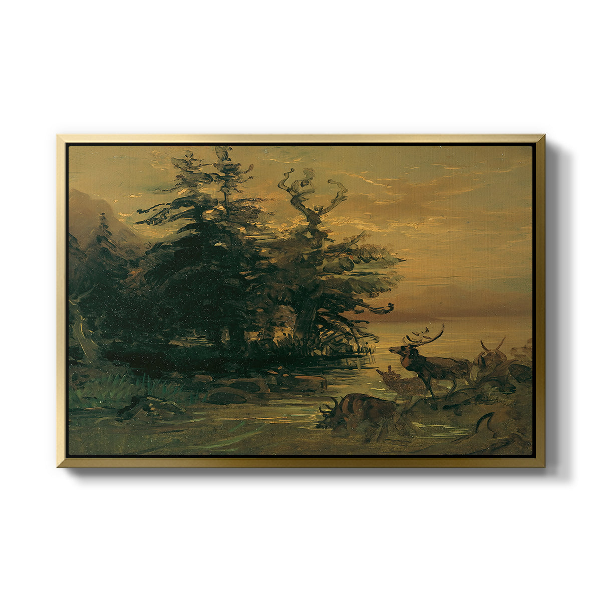Wallowing Deer on the Shore of a Mountain Lake, c. 1850 - Floater Framed Canvas Print