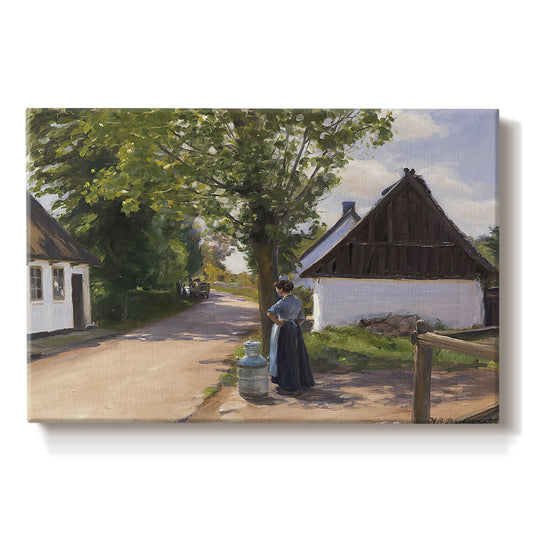 Canvas art print portraying a woman and milkman standing along village street with houses nearby, set against a white background