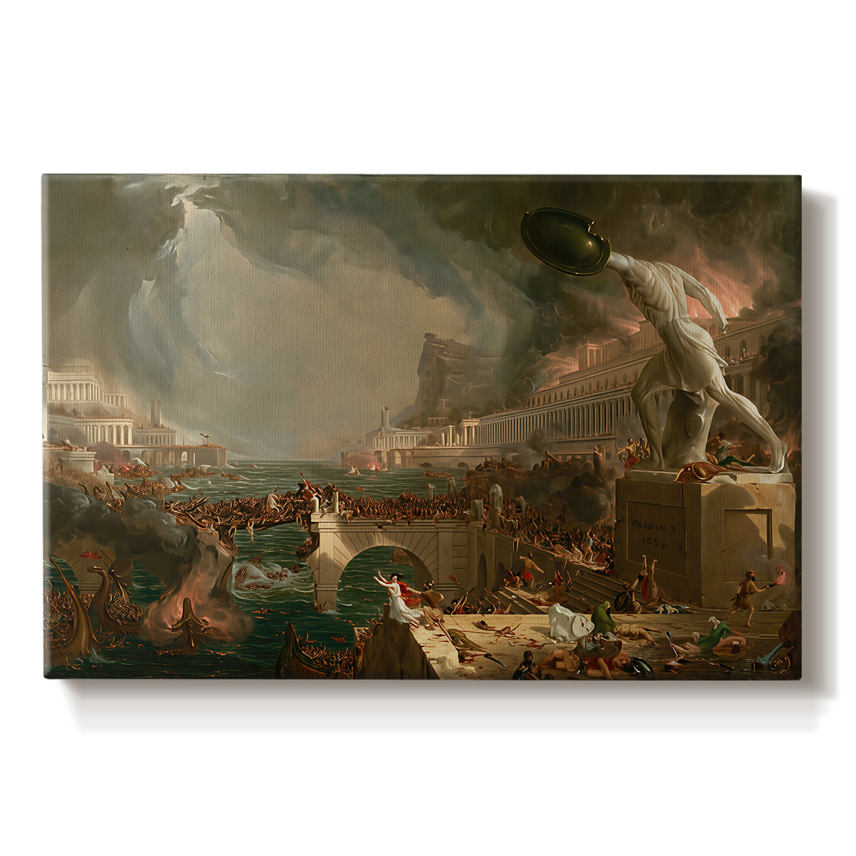 Canvas art print portraying a city in chaos with burning buildings and collapsing structures during attack, set against a white background