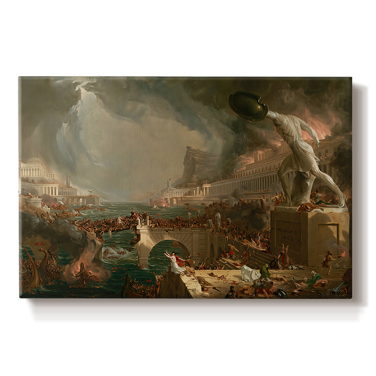 Canvas art print portraying a city in chaos with burning buildings and collapsing structures during attack, set against a white background