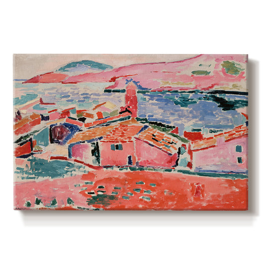 Canvas art print portraying a colorful coastal townscape with buildings, water, and bright rooftops, set against a white background