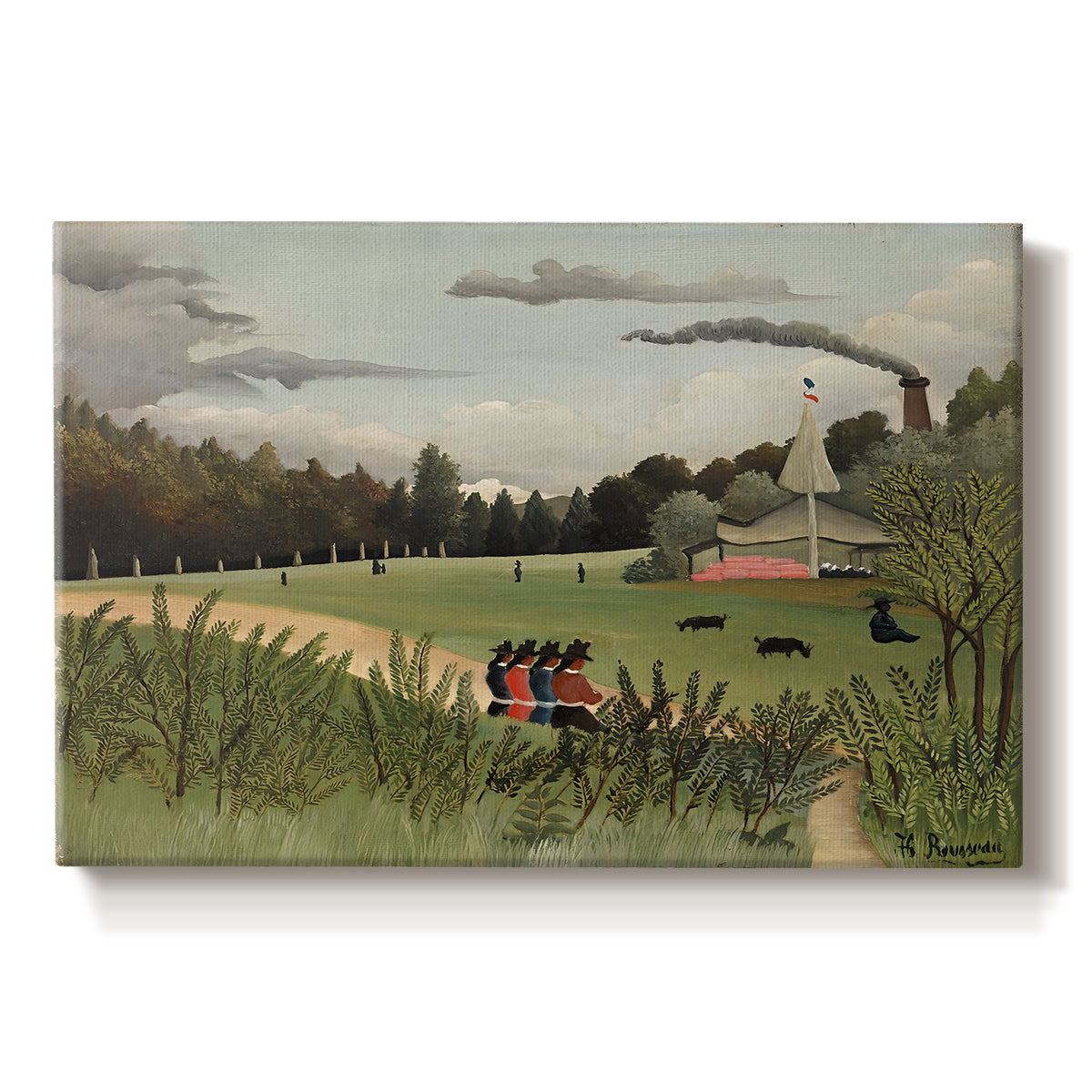 Canvas art print portraying an industrial factory building with figures working in outdoor setting, set against a white background