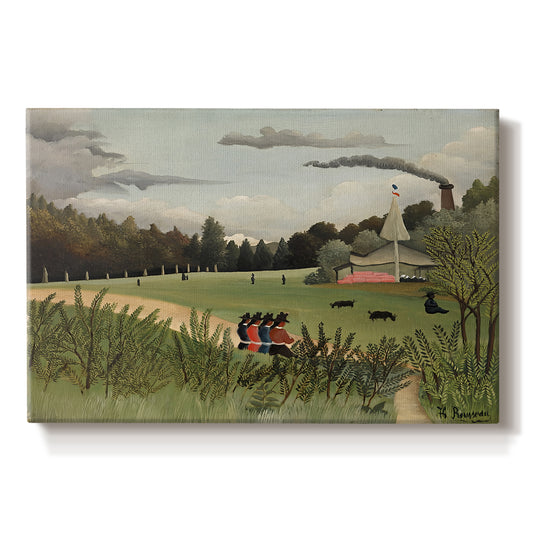 Canvas art print portraying an industrial factory building with figures working in outdoor setting, set against a white background