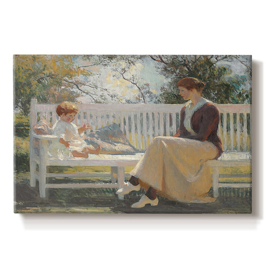 Canvas art print portraying a woman and child seated outdoors in natural light, set against a white background
