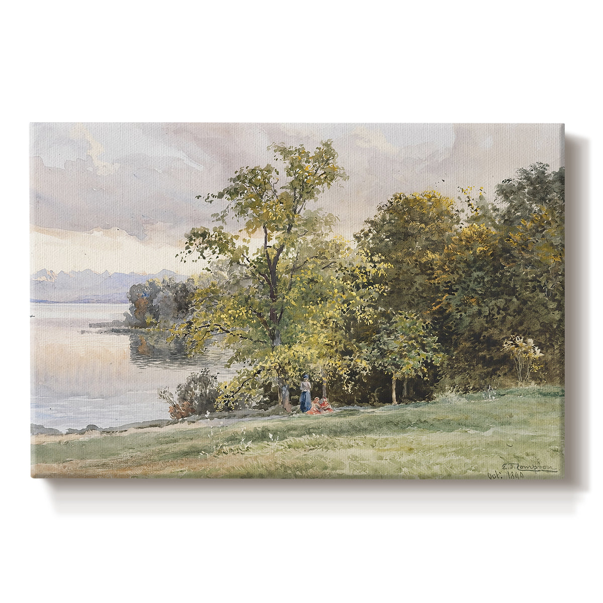 Canvas art print portraying a lakeside landscape with calm water and trees along shoreline, set against a white background