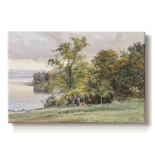 Canvas art print portraying a lakeside landscape with calm water and trees along shoreline, set against a white background