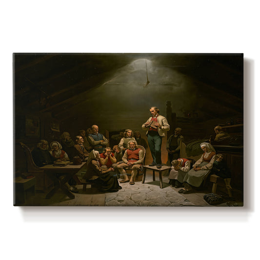 Canvas art print portraying a group of worshippers gathered in a dark interior engaged in religious devotion, set against a white background