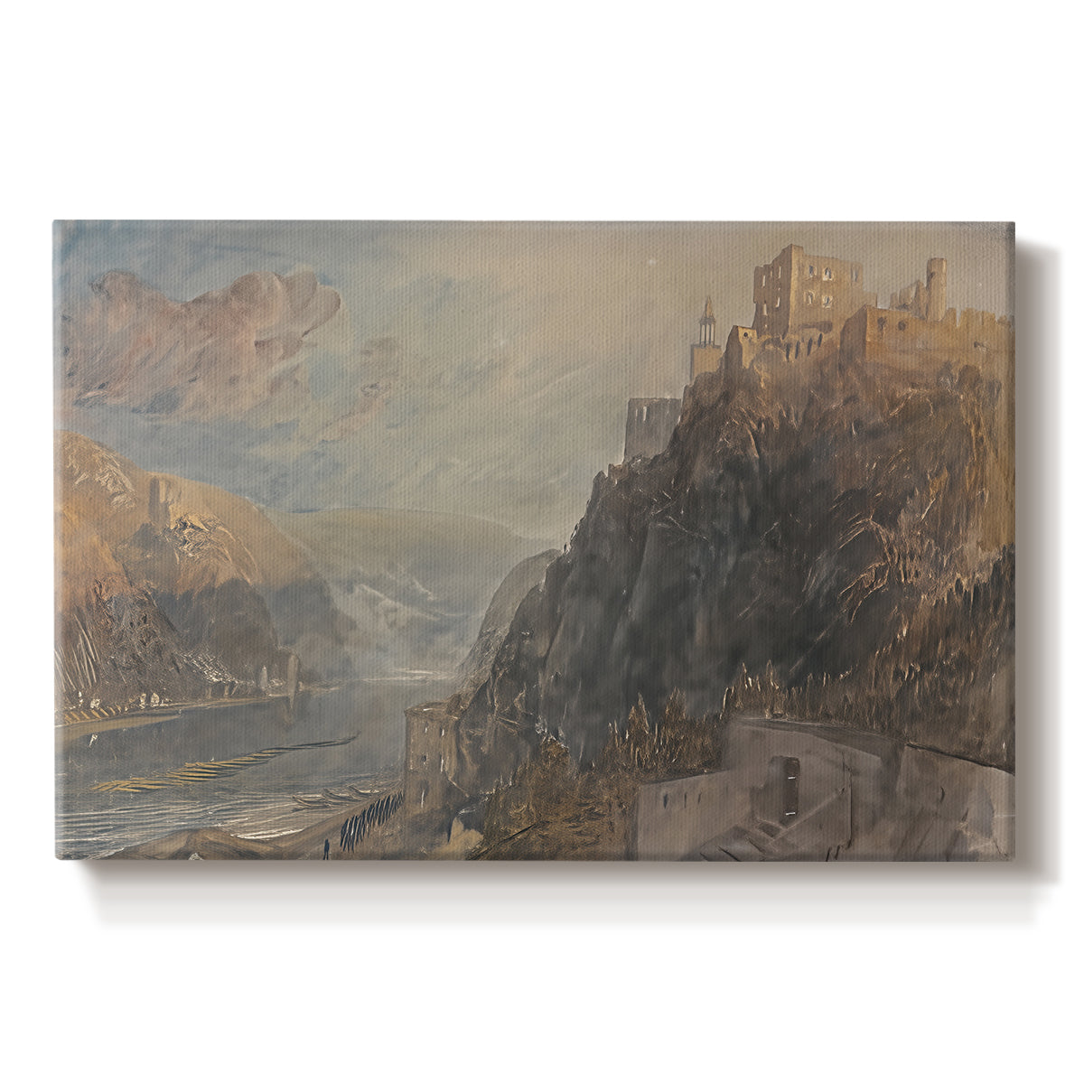 Canvas art print portraying a river landscape with castles along steep terrain, set against a white background