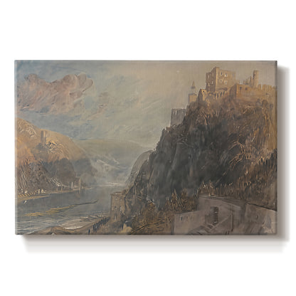 Canvas art print portraying a river landscape with castles along steep terrain, set against a white background