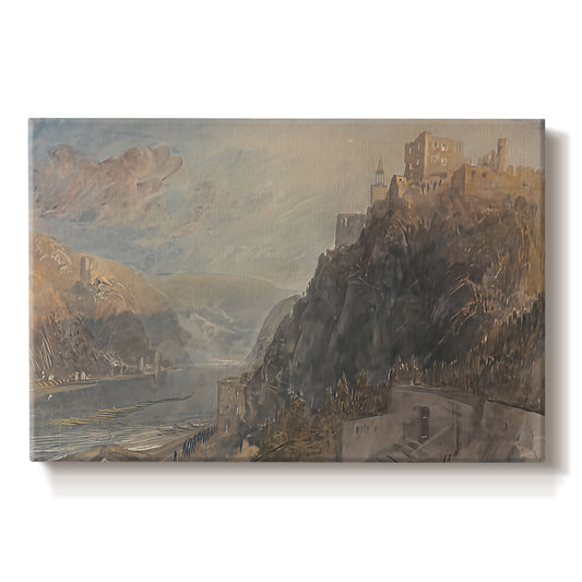Canvas art print portraying a river landscape with castles along steep terrain, set against a white background