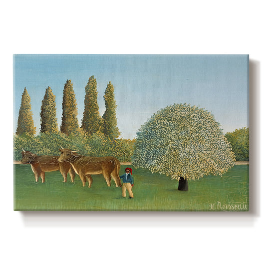 Canvas art print portraying grazing animals in open meadow with trees and simple landscape, set against a white background
