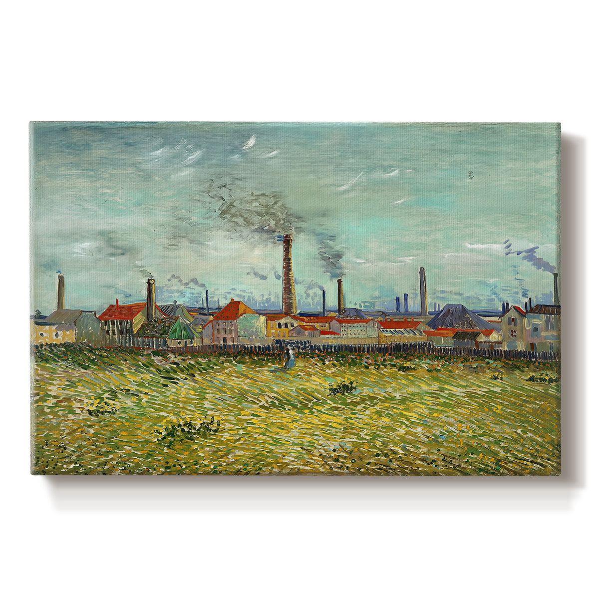 Canvas art print portraying industrial buildings with smokestacks rising above flat landscape, set against a white background