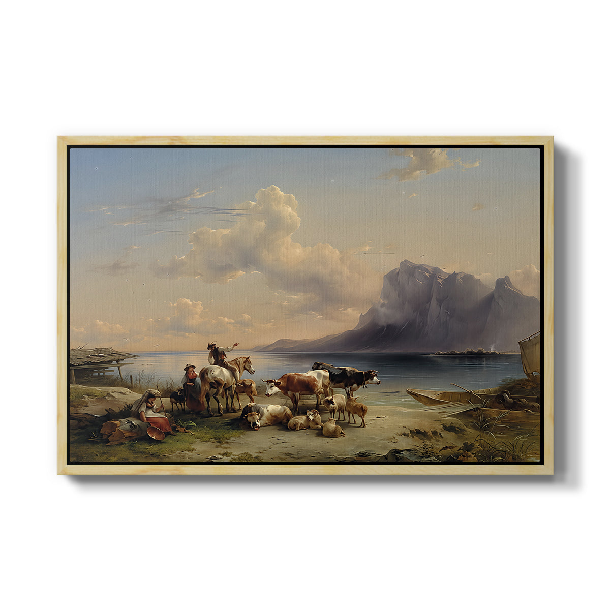 Shepherds and Cattle on Lake Attersee, 1852 - Floater Framed Canvas Print