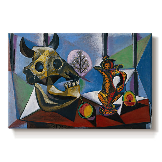 Canvas art print portraying a bull skull arranged with objects in angular cubist still life, set against a white background