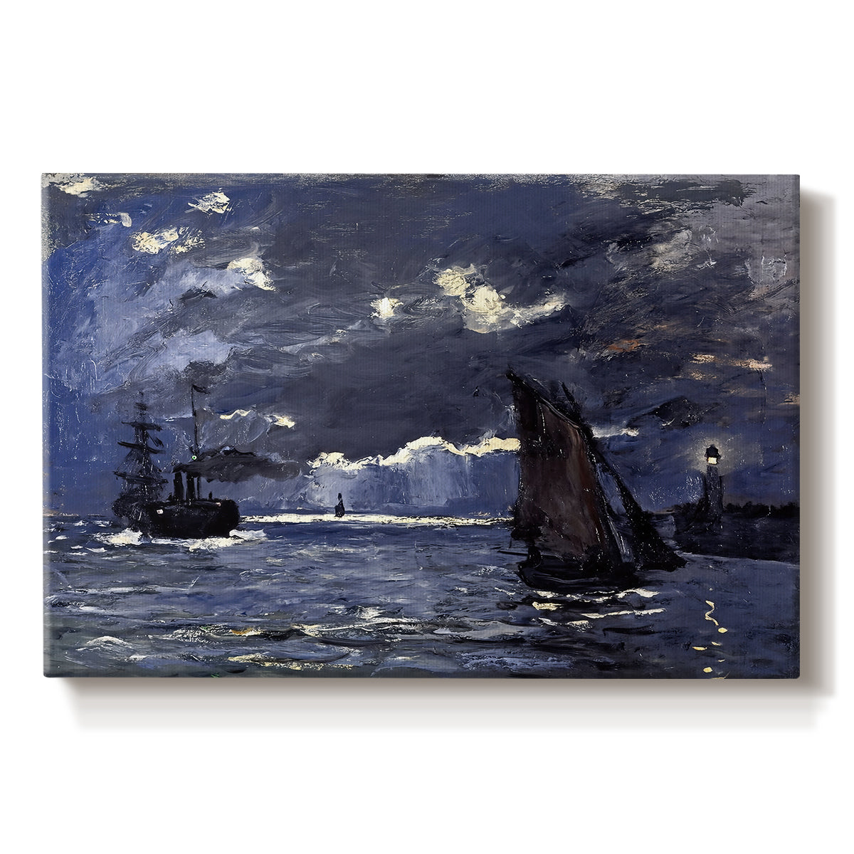 Canvas art print portraying ships on dark sea illuminated by moonlight under night sky, set against a white background