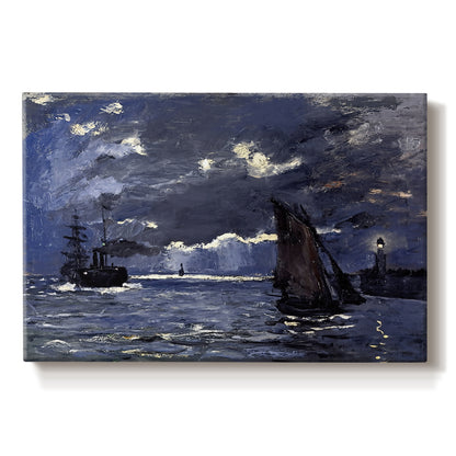 Canvas art print portraying ships on dark sea illuminated by moonlight under night sky, set against a white background