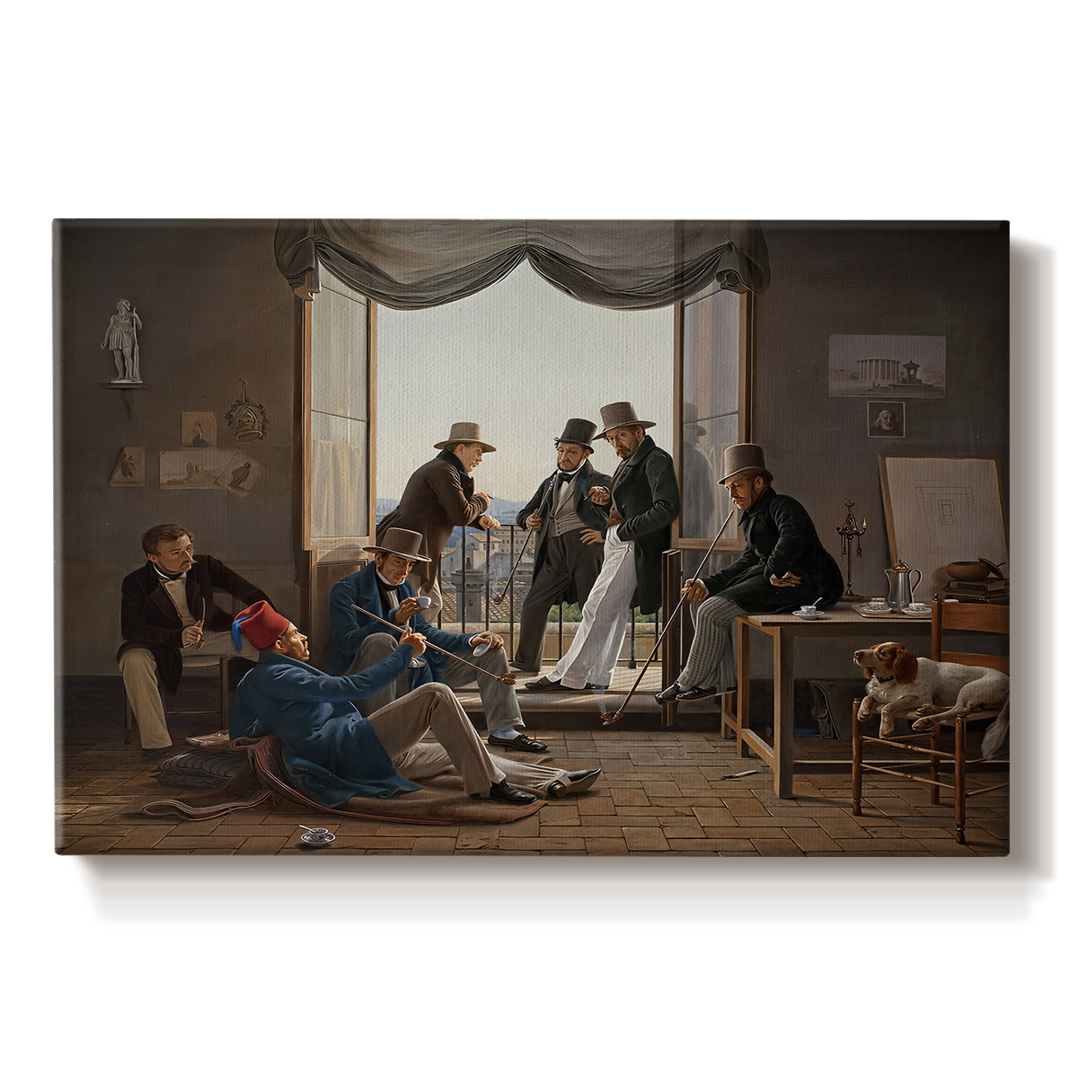 Canvas art print portraying an interior composition filled with figures in festive interaction, set against a white background