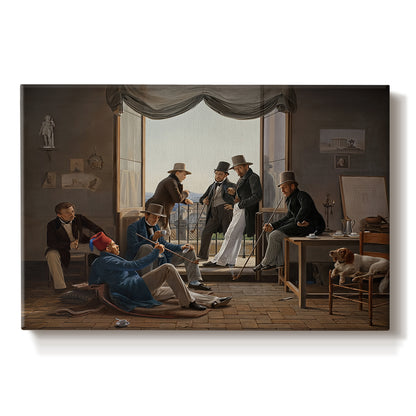 Canvas art print portraying an interior composition filled with figures in festive interaction, set against a white background