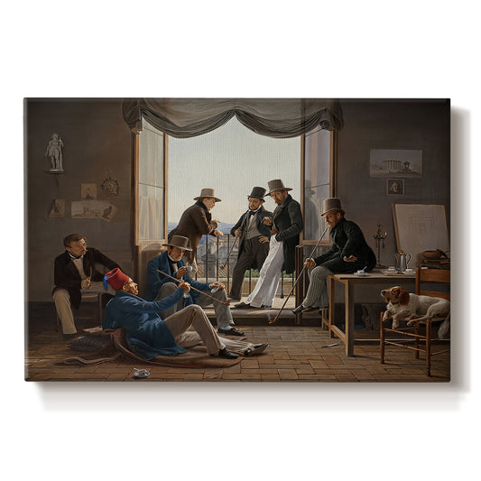 Canvas art print portraying an interior composition filled with figures in festive interaction, set against a white background