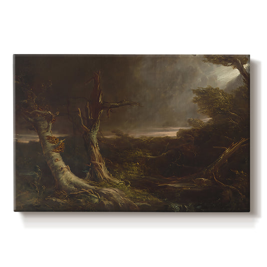 Canvas art print portraying a swirling tornado cutting through forest landscape with dark storm clouds, set against a white background