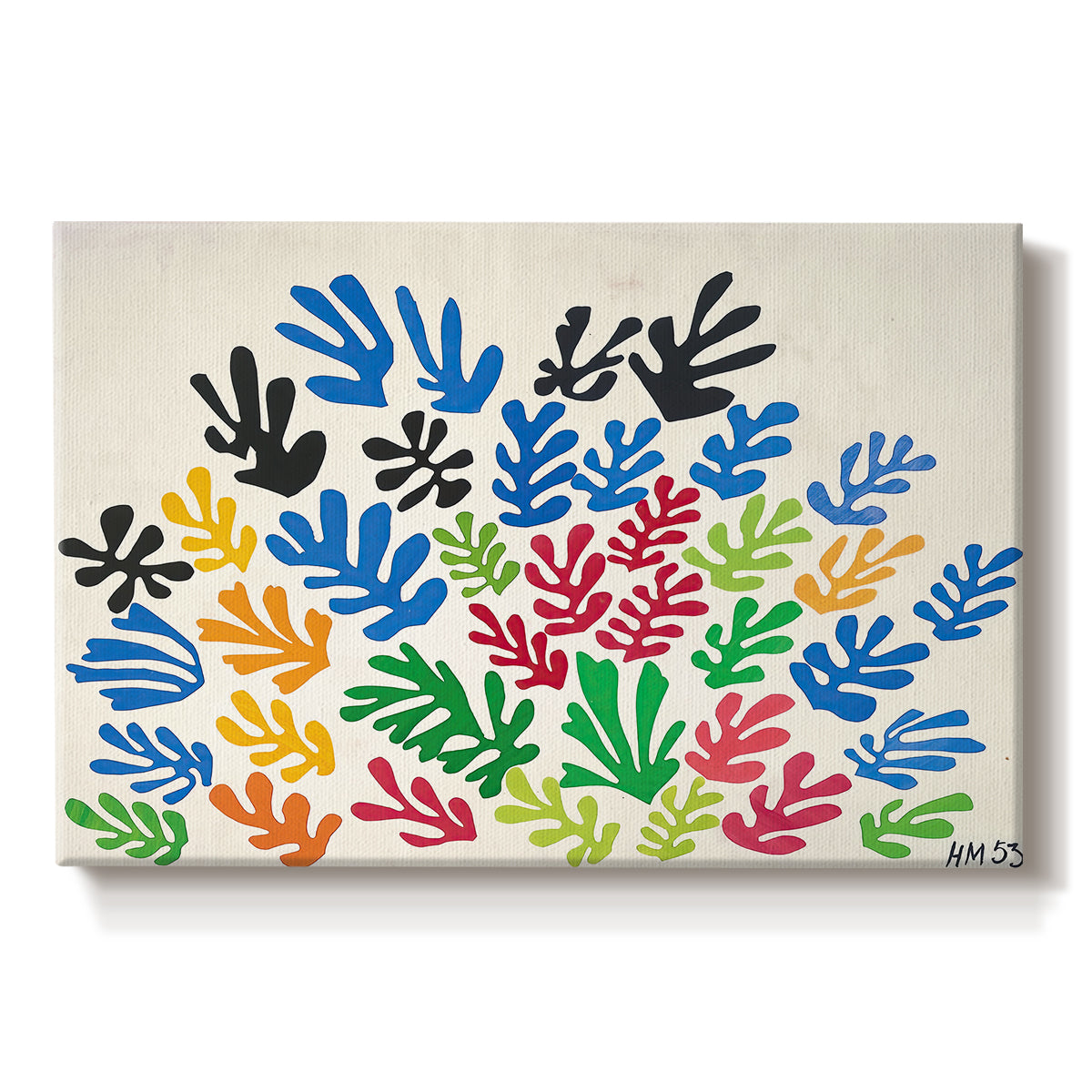 Canvas art print portraying an abstract arrangement of colorful leaf-like cut-outs, set against a white background