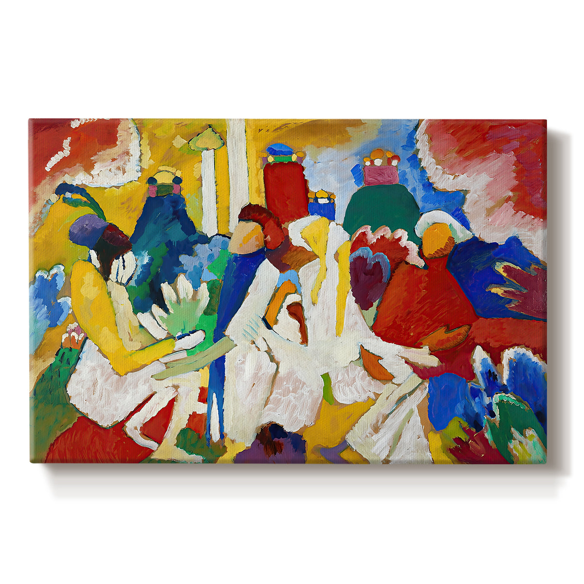 Canvas art print portraying a colorful abstract composition with clustered shapes suggesting figures and decorative elements, set against a white background