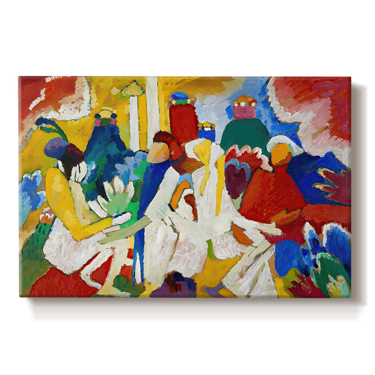 Canvas art print portraying a colorful abstract composition with clustered shapes suggesting figures and decorative elements, set against a white background