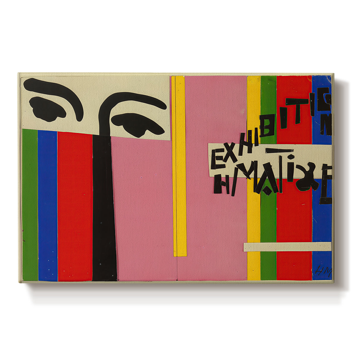 Canvas art print portraying an abstract graphic design with vertical color bands and simplified shapes, set against a white background