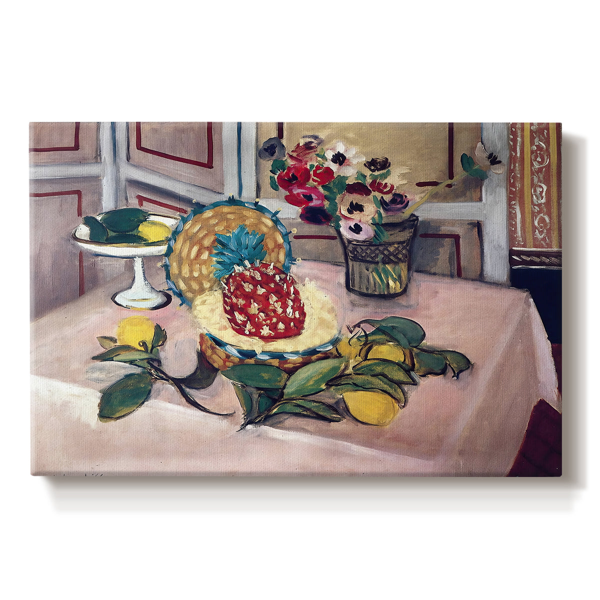 Canvas art print portraying a tabletop still life with pineapple, lemons, and fruit, set against a white background