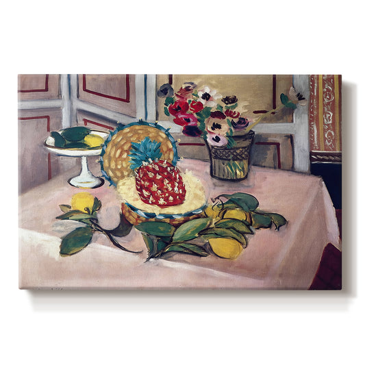 Canvas art print portraying a tabletop still life with pineapple, lemons, and fruit, set against a white background