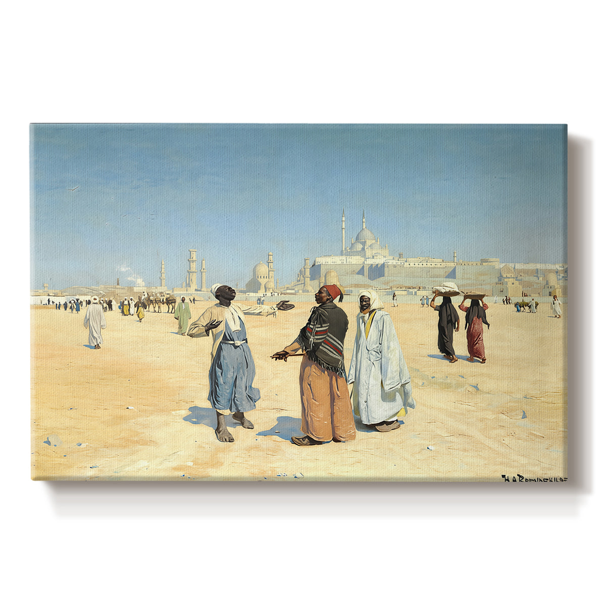 Canvas art print portraying figures traveling across desert with distant city and tombs on horizon, set against a white background