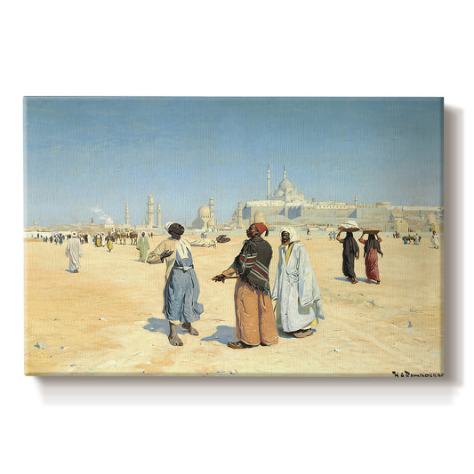 Canvas art print portraying figures traveling across desert with distant city and tombs on horizon, set against a white background