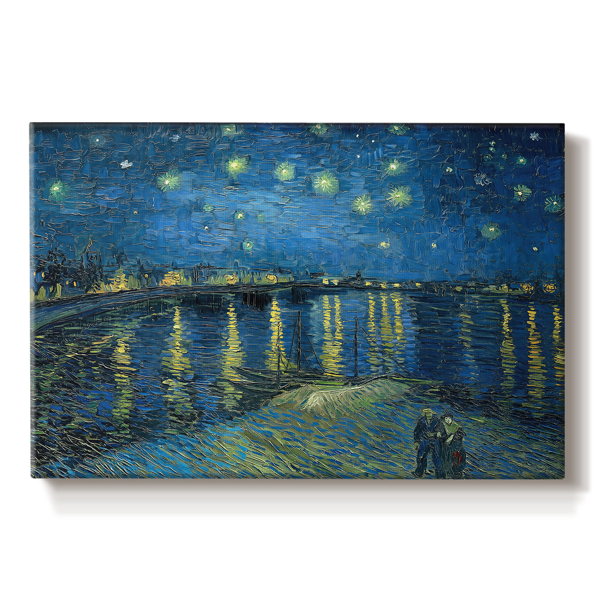 Canvas art print portraying a night scene with glowing stars reflected in river beside illuminated town, set against a white background