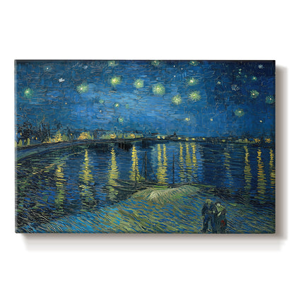 Canvas art print portraying a night scene with glowing stars reflected in river beside illuminated town, set against a white background