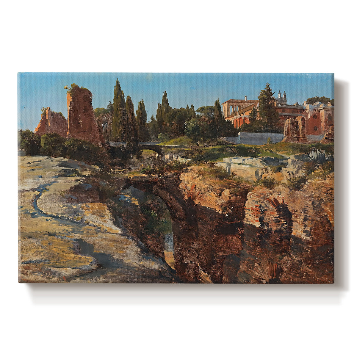 Canvas art print portraying historic Roman ruins and buildings set within warm landscape, set against a white background