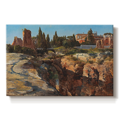 Canvas art print portraying historic Roman ruins and buildings set within warm landscape, set against a white background