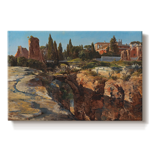 Canvas art print portraying historic Roman ruins and buildings set within warm landscape, set against a white background