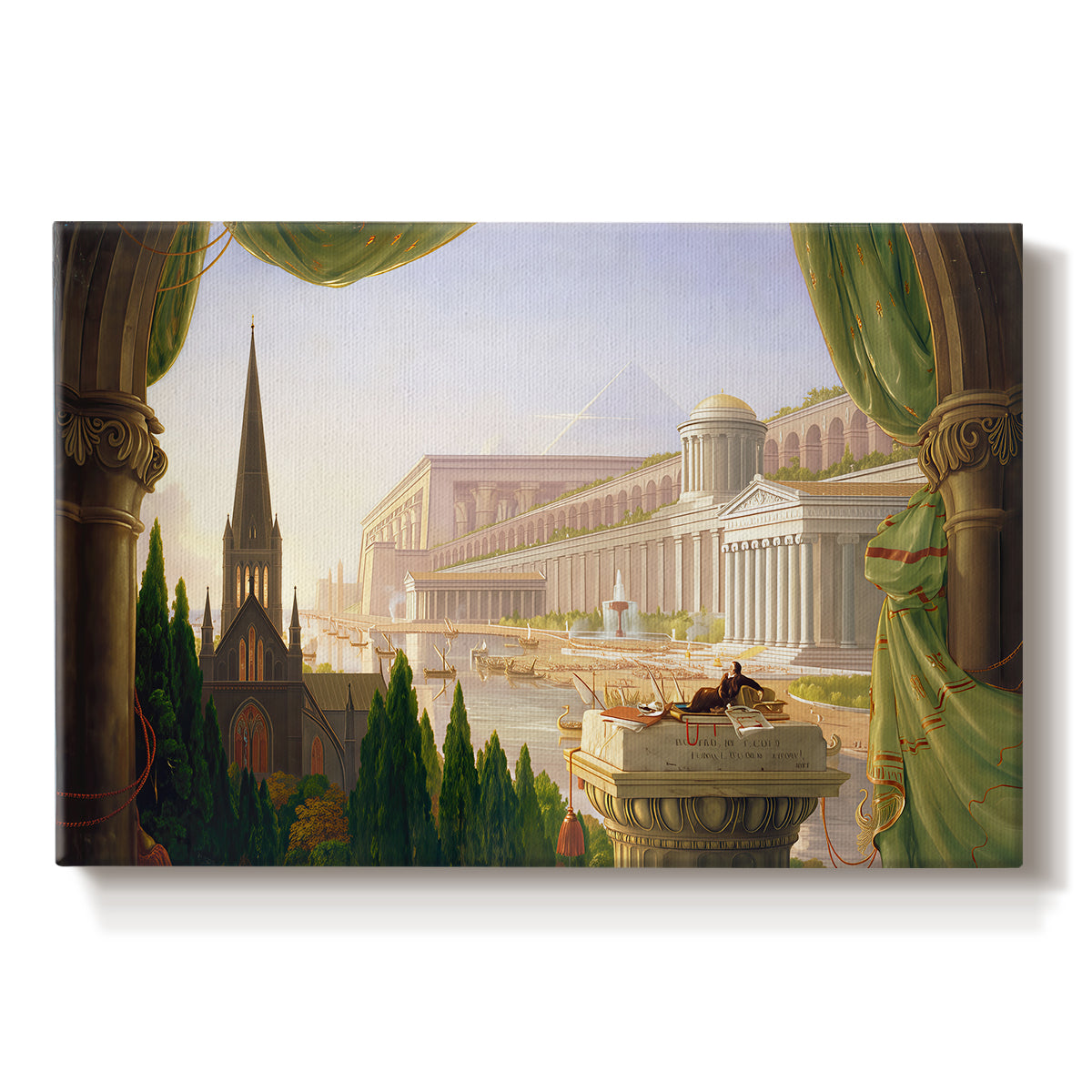 Canvas art print portraying a grand architectural fantasy with multiple historical structures in unified composition, set against a white background