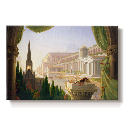 Canvas art print portraying a grand architectural fantasy with multiple historical structures in unified composition, set against a white background