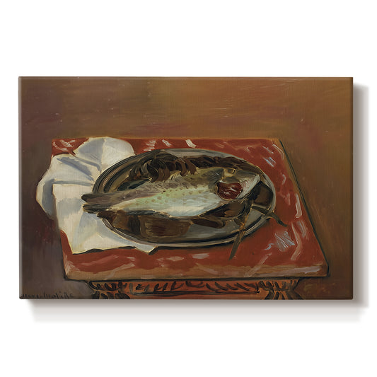 Canvas art print portraying a fish laid on a table in a simple still life arrangement, set against a white background