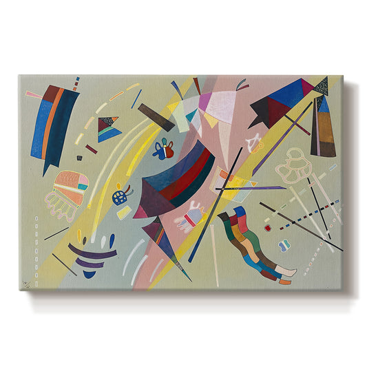 Canvas art print portraying a geometric abstract composition with intersecting lines and floating shapes, set against a white background