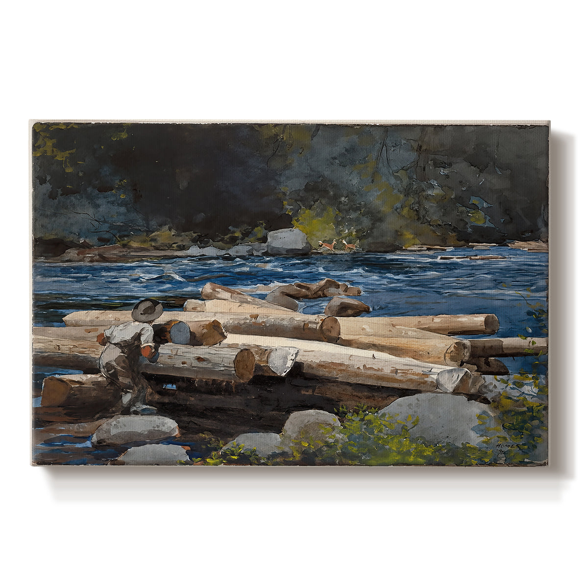 Canvas art print portraying a river landscape with boats and tree-lined banks under soft sky, set against a white background