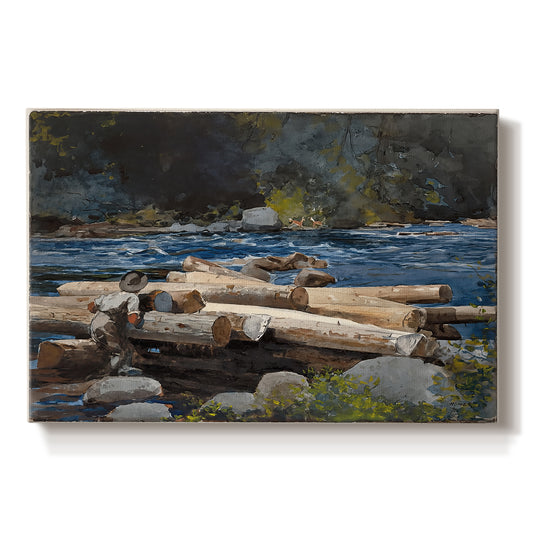 Canvas art print portraying a river landscape with boats and tree-lined banks under soft sky, set against a white background