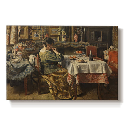 Canvas art print portraying a group of people seated around table sharing meal in interior, set against a white background