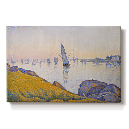 Canvas art print portraying a quiet harbor at sunset, set against a white background