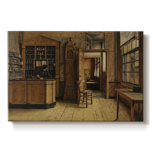 Canvas art print portraying a figure standing inside rustic inn interior with wooden furnishings and doorway, set against a white background