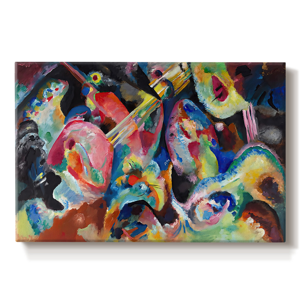 Canvas art print portraying a chaotic abstract composition with dense overlapping colors and forms suggesting turbulent motion, set against a white background