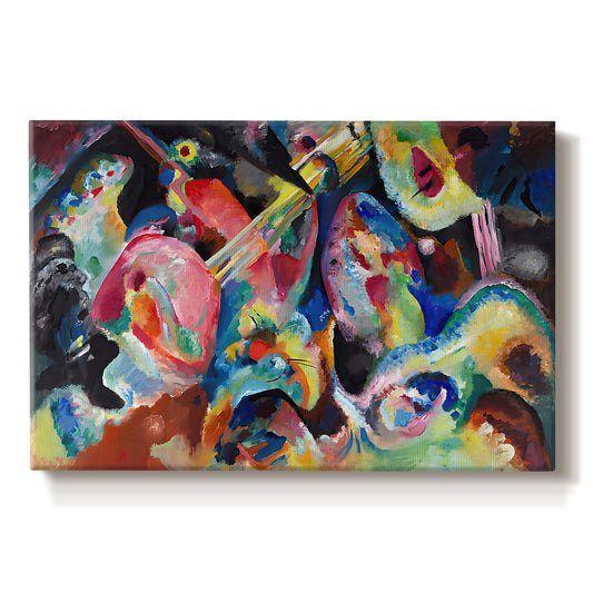 Canvas art print portraying a chaotic abstract composition with dense overlapping colors and forms suggesting turbulent motion, set against a white background