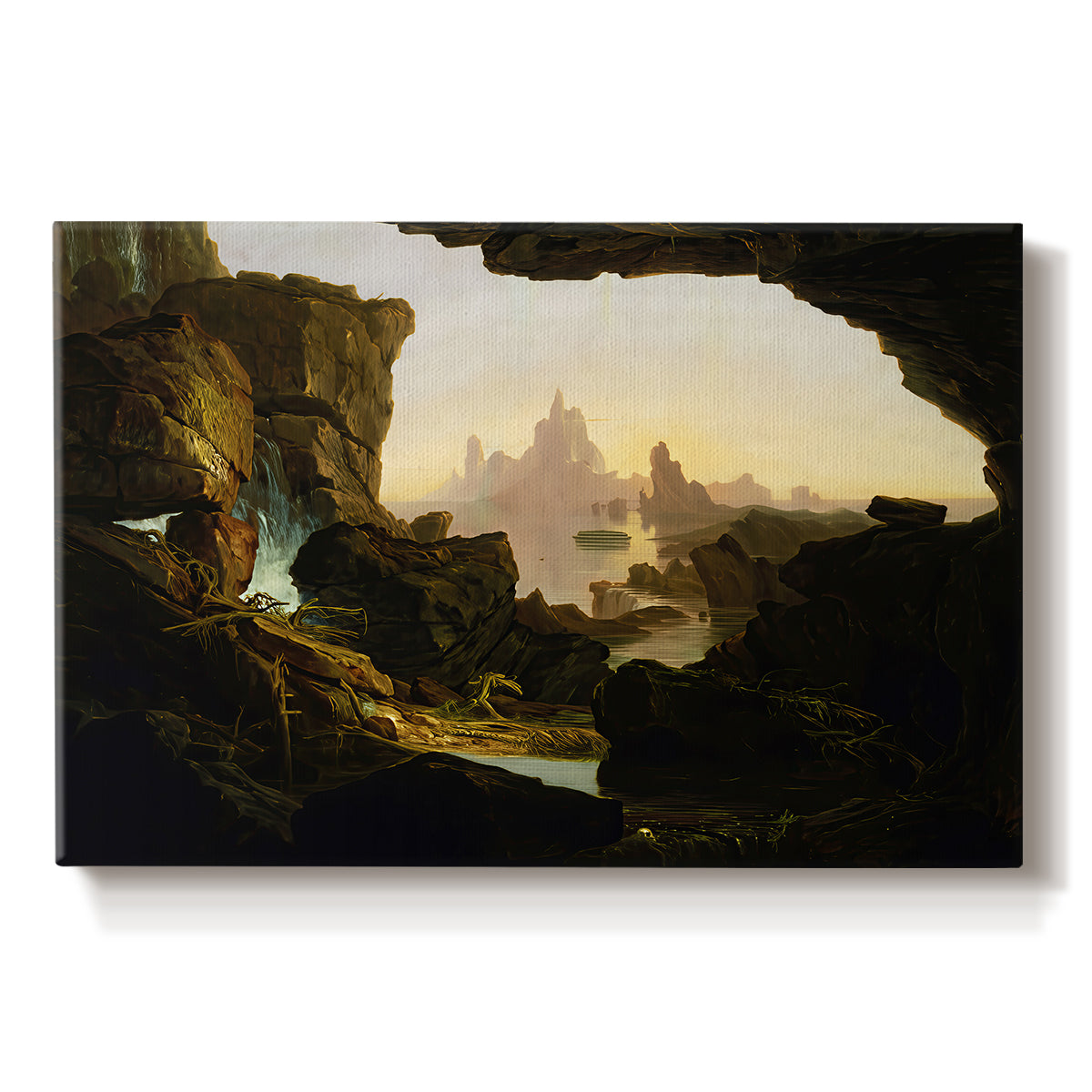 Canvas art print portraying a landscape emphasizing journey and environment, set against a white background