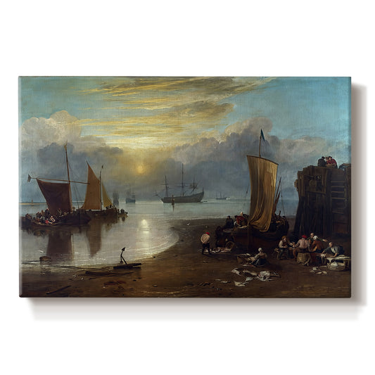 Canvas art print portraying a sunrise over harbor with fishermen working among boats, set against a white background